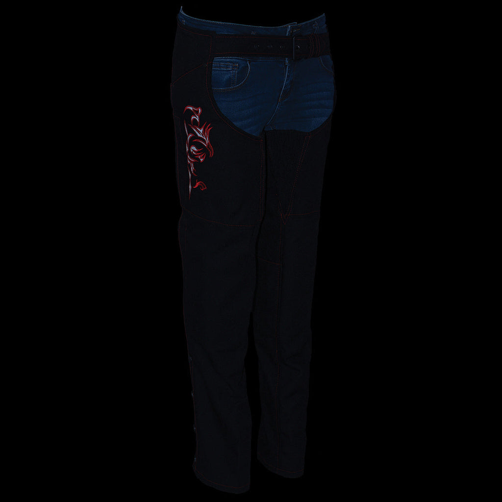 Milwaukee Leather SH1182 Women's Black with Red Textile Motorcycle Riding Chaps with Tribal Embroidery