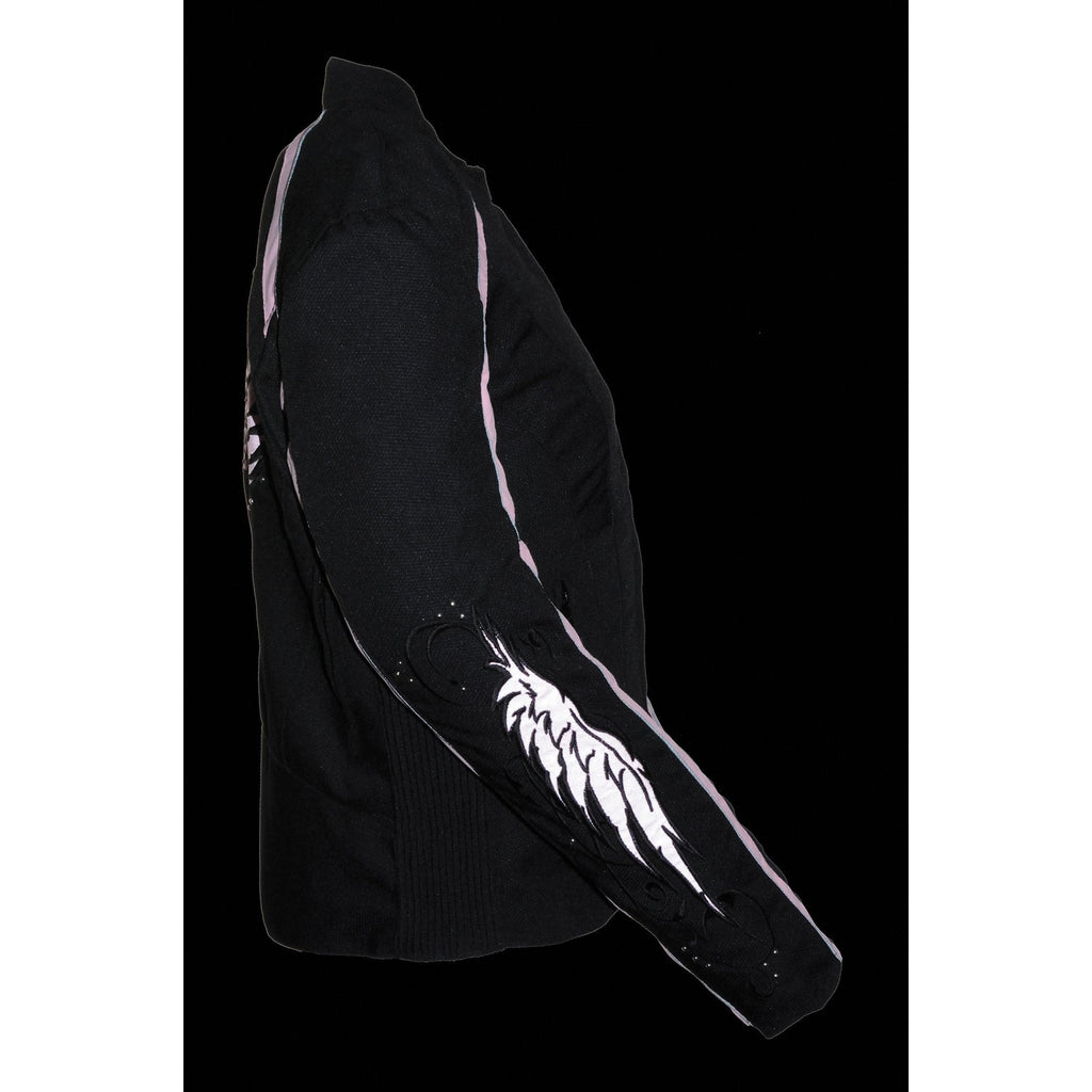Milwaukee Leather SH1954 Women's Black and Pink Textile Jacket with Stud and Wings Detailing