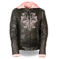 Milwaukee Leather ML2066 Women's 3/4 Black and Pink Leather Hoodie Jacket with Reflective Tribal Design